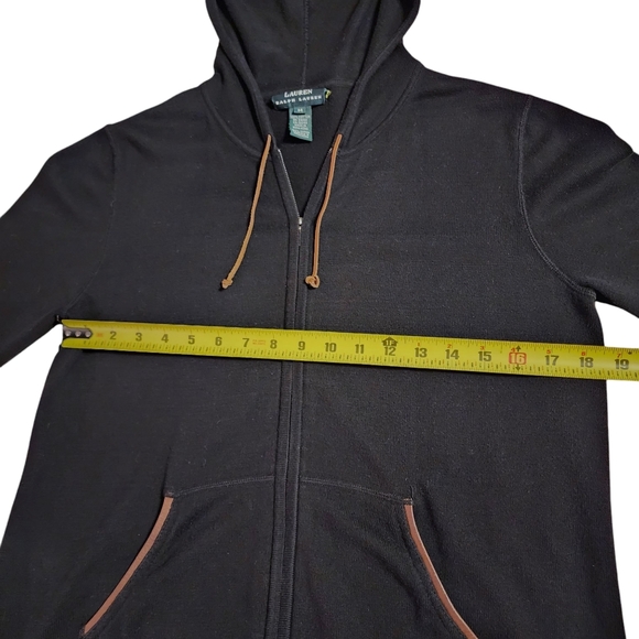 LRL Lauren Ralph Lauren Hoodie Black Brown Leather Trim Full Zip | Size Medium - Picture 4 of 7